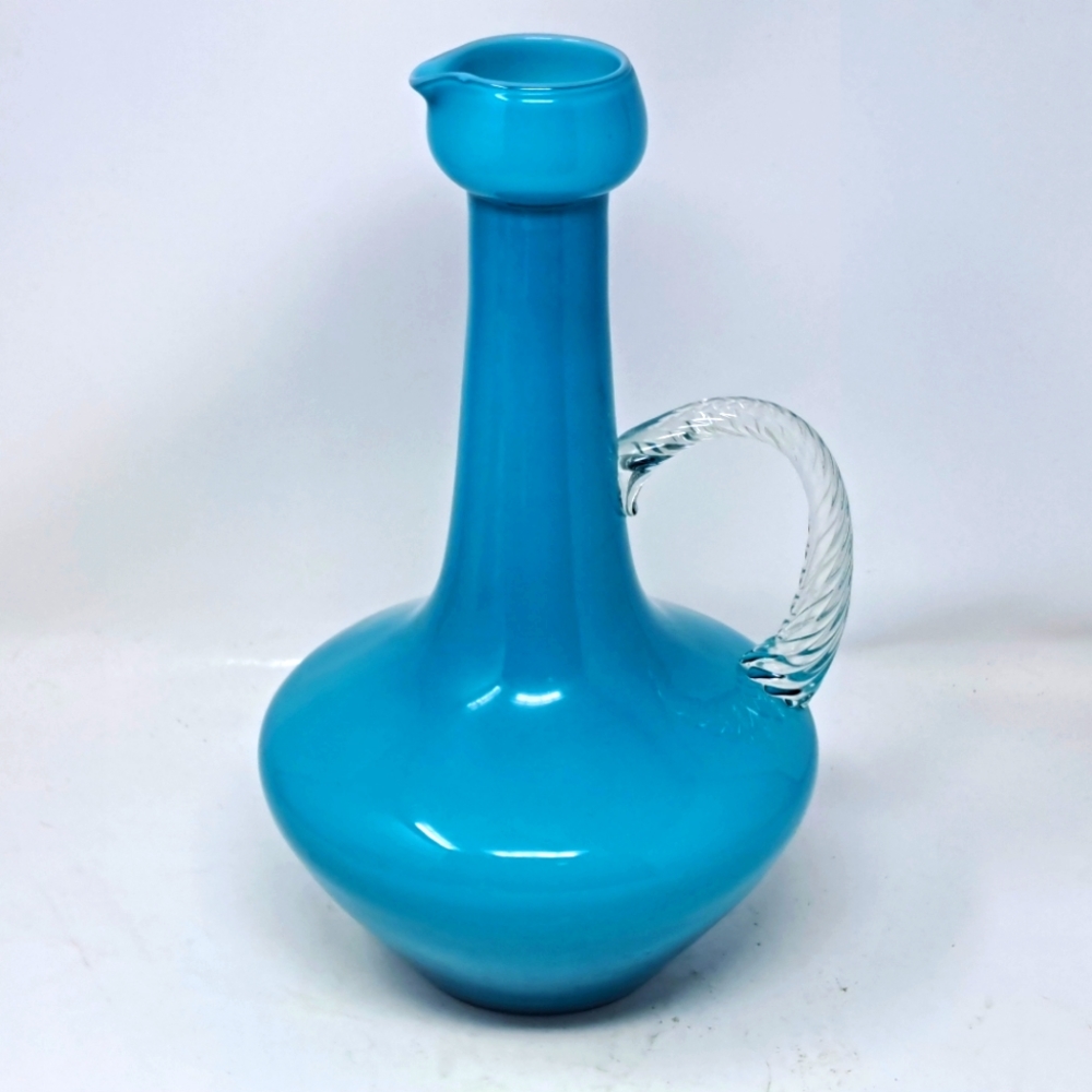 MCM Empoli Turquoise Glass Pitcher With Clear Glass Handle